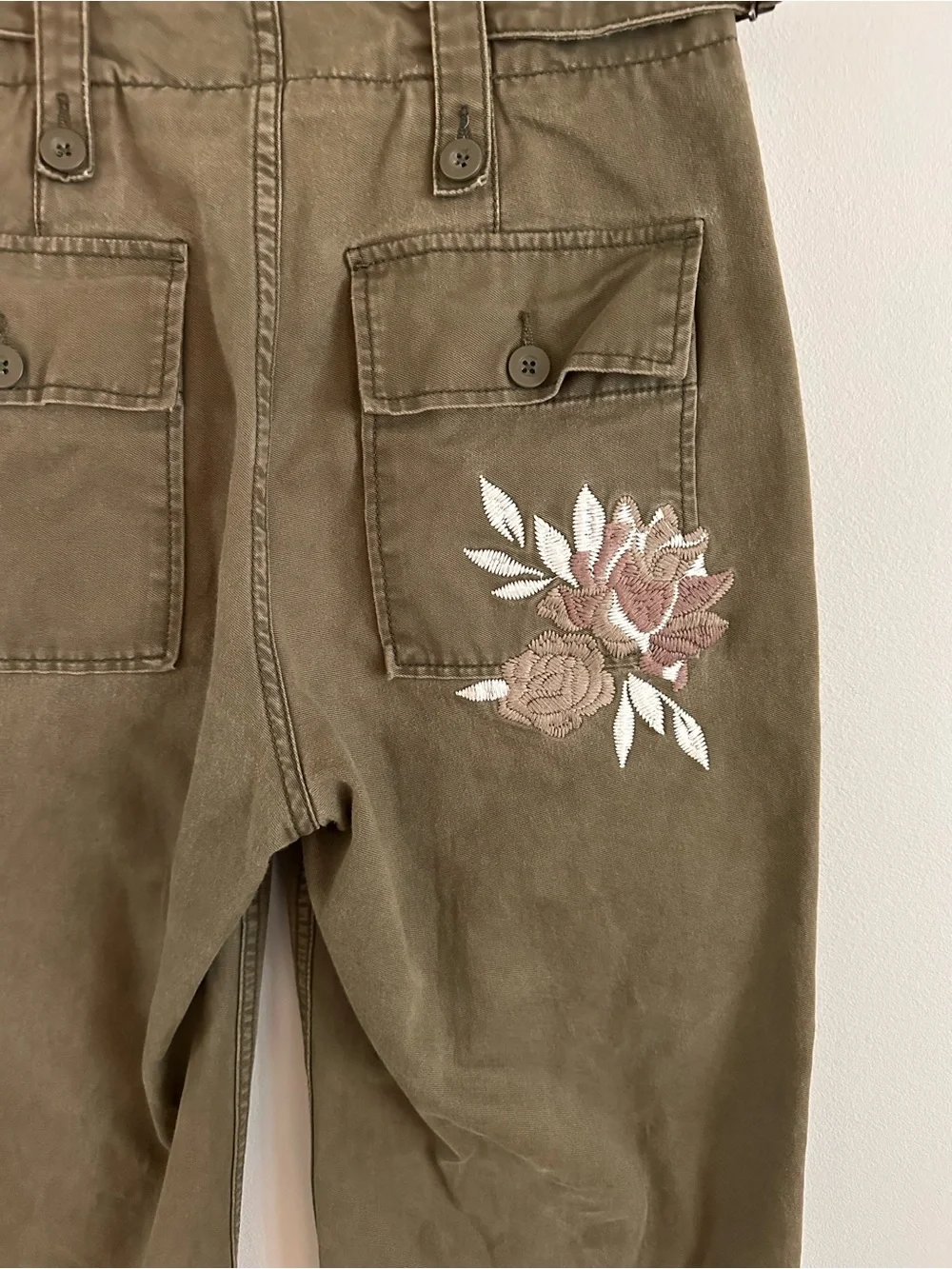 Free People Keep It Real Military Pant Olive Embroidered Floral Cropped Wide Leg